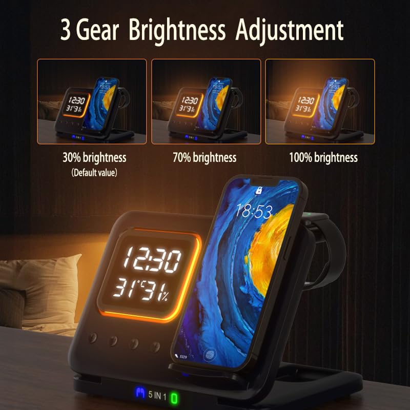 5-in-1 Magnetic Wireless Charging Station with Clock & LED Night Light