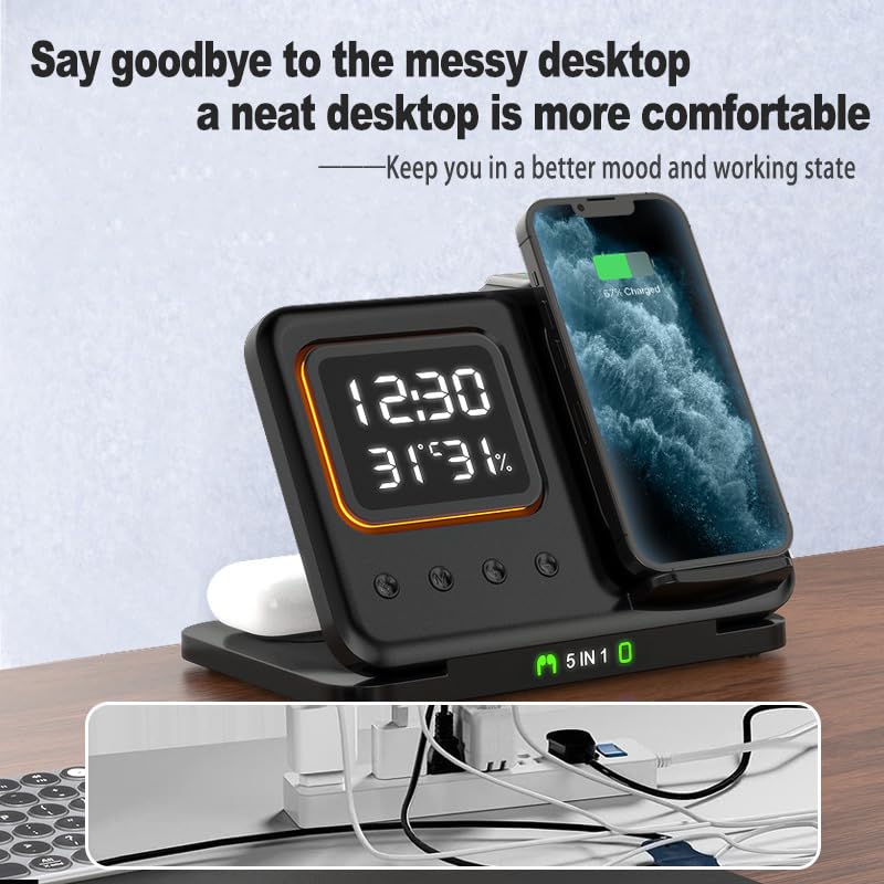 5-in-1 Magnetic Wireless Charging Station with Clock & LED Night Light