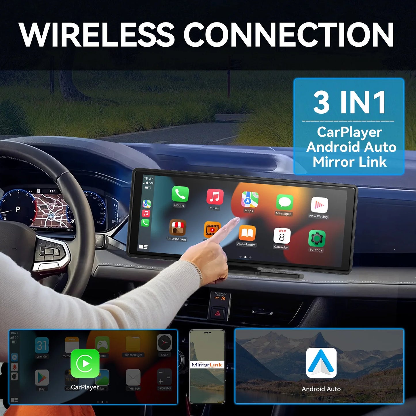 Universal Wireless CarPlay Touchscreen Display