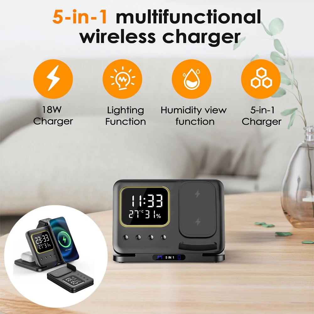 5-in-1 Magnetic Wireless Charging Station with Clock & LED Night Light