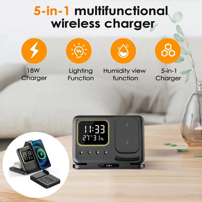 5-in-1 Magnetic Wireless Charging Station with Clock & LED Night Light