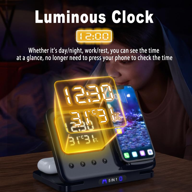 5-in-1 Magnetic Wireless Charging Station with Clock & LED Night Light